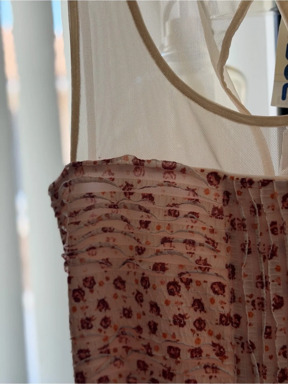 Free People Blush Pink Floral Mini Dress with Sheer Yoke